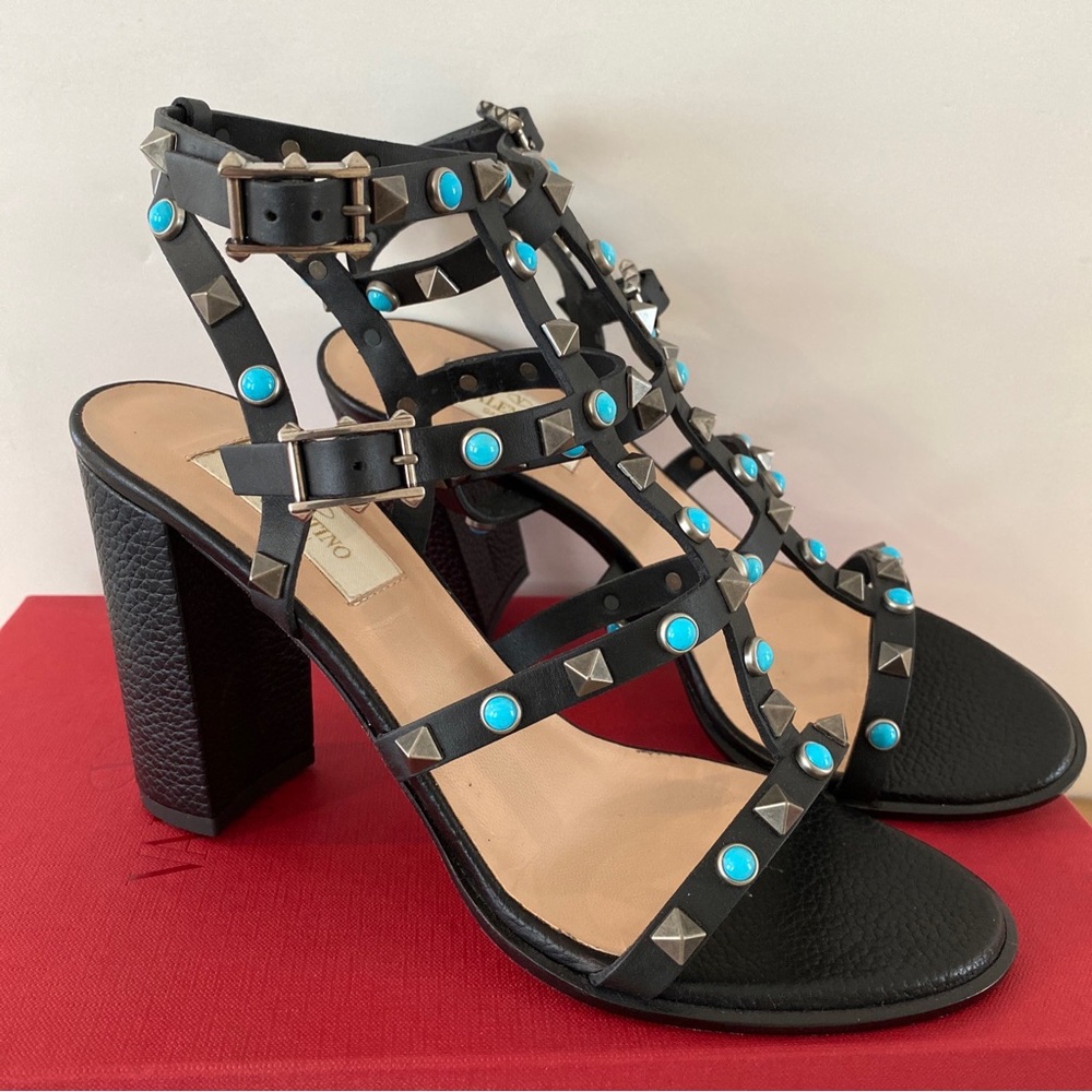 Valentino Blue Stone Rockstud Ankle Strap Black Italy Heels Shoes